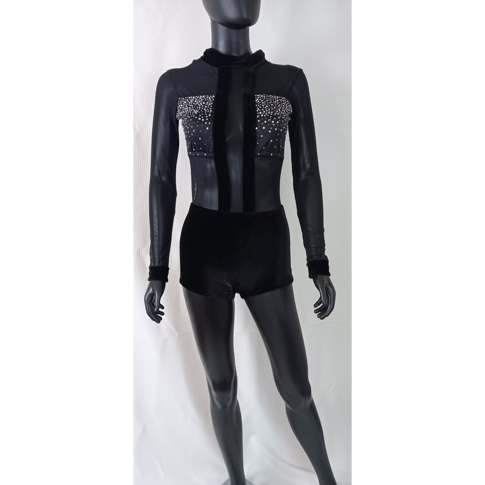 Black Jewel Dance Leotard Girls Long Sleeve Gymnastics Velvet Mesh Small